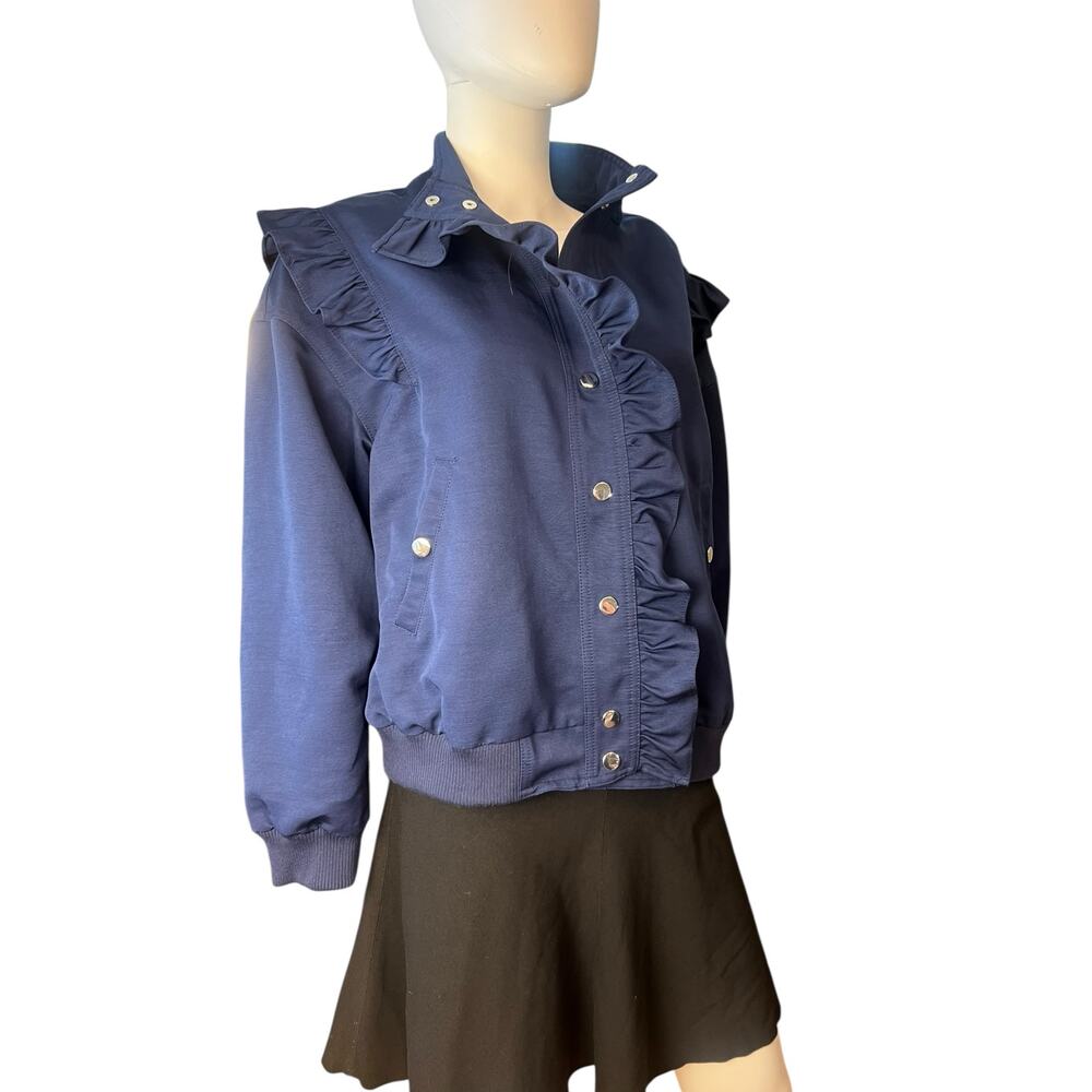 Maeve Anthropologie Navy Ruffle Button Front Bomber Jacket Size Small